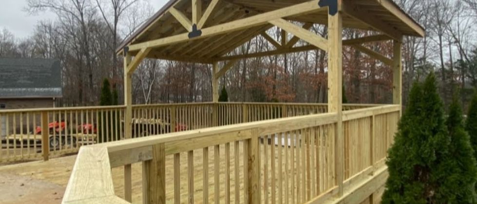 Covered deck with timber-frame pergola roof, M.S. Outdoor Creations