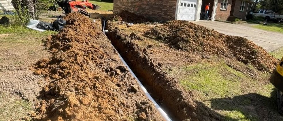 French drain trench and pipe installed alongside a residential driveway